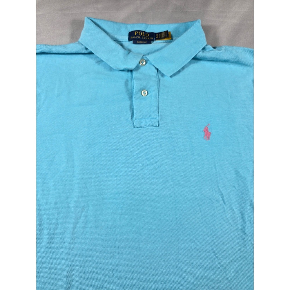Polo Ralph Lauren Pique Polo Shirt Mens XL Baby Blue Classic Fit Pink Pony